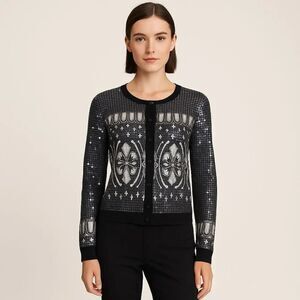 Revolve Tory Burch Black and Silver Sequin Cardigan Sweater Size M